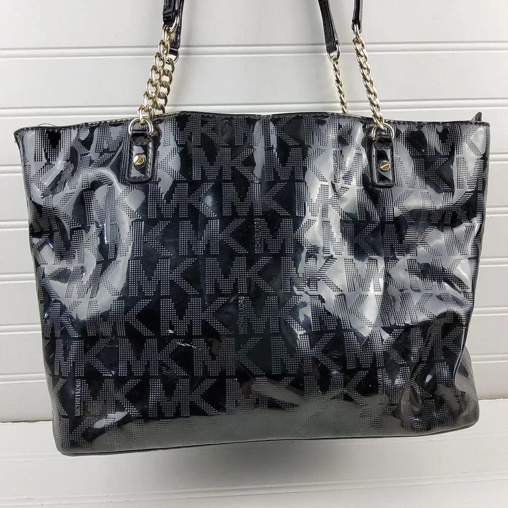 Michael Kors MK Patent Tote Shoulder Handbag Purse Black